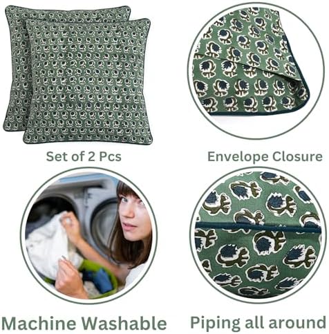 Ridhi Block Print Basil Green Pillow Cover 18" x 18" (Pack of 2) Decorative Couch Pillows for Living Room, Chic Boho Cute Outdoor Pillows Covers Gifts for Spring, Easter and Valentine - Image 3