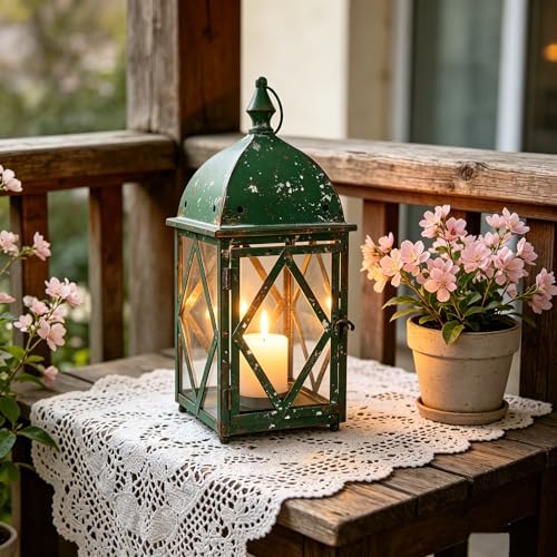 Vintage Green Metal Candle Lantern with Glass 17in Distressed Blue Rustic Large Farmhouse Hanging Candle Holder Lanterns for Indoor & Outdoor Front Porch Table Centerpiece Decor by Unknown