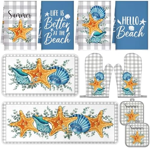 VitalCozy 10 Pcs Summer Starfish Kitchen Decor Set Beach Starfish Kitchen Towels and Rugs Oven Mitts Pot Holders Set for Gift Home Cooking Baking Housewarming Decorations by VitalCozy