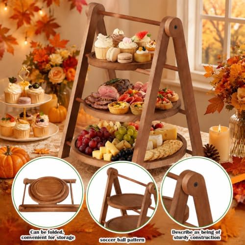 Marsui 3 Tier Fall Wooden Serving Trays Round Cupcake Stand Platters - Image 3