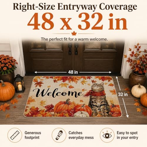 Fall Welcome Doormat 32x48in, Autumn Cat with Plaid Scarf Front Door Mat - Image 2
