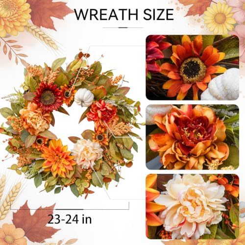 24 Inch Fall Wreaths for Front Door Outside Autumn Wreath with Peony - Image 2