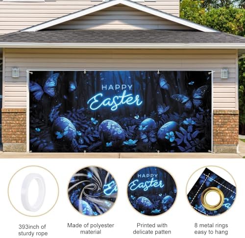 ANNA QUEEN Happy Easter Garage Door Banner 6x13FT, Blue Neon Easter Eggs and Butterflies Garage Door Cover, Large Outdoor Spring Decoration Backdrop for Double Garage Doors, Yard Party & Photo Booth - Image 4
