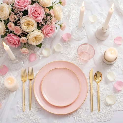 MirthMood 350PCS Pink Plastic Plates with Gold Rim,Plastic Dinnerware Set - Image 4