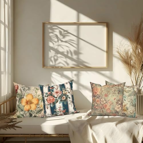 Vintage Printed Throw Pillow Covers 22''x22'' Set of 4, Colorful Flowers Pillowcases Rustic Decorative Floral Cushion Covers for Couch Sofa Bedroom Farmhouse Livingroom Garden Patio Car - Image 6