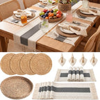 4 Sets Grey Kitchen Decor,Table Setting Decor with Round Woven,Rectangular,Wooden Bead Napkin Rings,Cloth Napkins,Table Runner & Storage Basket,Natural Burlap Cotton for Kitchen Dining Table Home by DKALIO
