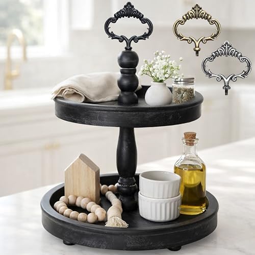 2 Tiered Tray Stand [Includes 3 Changeable Handles] - Rustic Cupcake Stand, Coffee Table Tiered Serving Tray for Kitchen Counter, Stunning Rustic Home Decor, Display Fruits, Plants, Candles (Black) by FeltCreativeHomeGoods