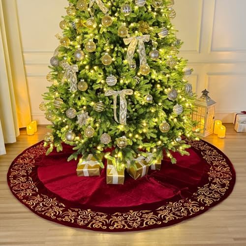 84-Inch Victorian Velvet Christmas Tree Skirt with Gold Damask Embroidery and Plush Lace Ties, Burgundy - Image 2