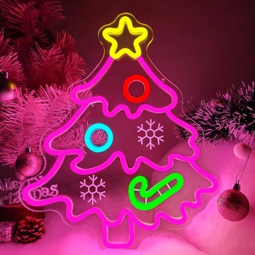 Christmas Neon Sign Pink Christmas Tree Neon Sign for Wall Decor Xmas Tree Led Sign with Candy Xmas Pink Tree Neon Light Up Signs for Bedroom Window Holiday Door Xmas Party Home Decoration Winter Porch by DpaintNeonSign