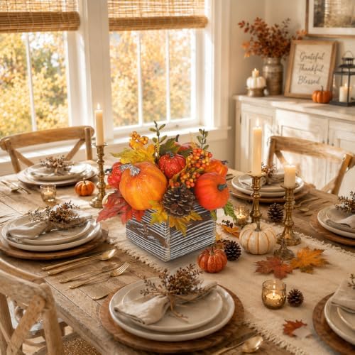 Artificial Pumpkins Fall Centerpiece for Table In Rustic Square Wooden Box - Image 4