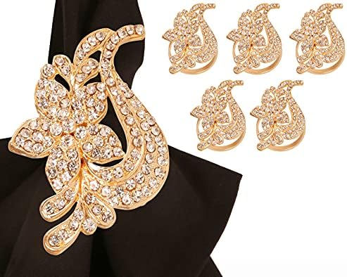 Floral Rhinestone Crystal Table Napkin Rings, Gold Tone, Set of 6 by Indtresor