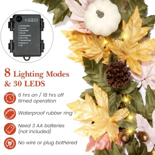 6FT Lighted Handcrafted Fall Garland, 30 LED Lights & 8-Mode Auto Timer - Image 3