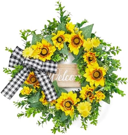Garvee 20 Inch Sunflower Wreath with Welcome Sign, Spring Summer Wreaths for Front Door with Yellow Blooms and Buffalo Plaid Bow, for Farmhouse Porch Window Wall Home Decor - Image 2