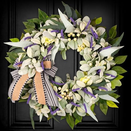 Lambs Ear Lavender Wreath for Front Door Outside Year Round by SOOSUBELWREATH
