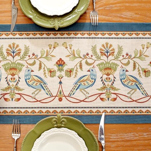 Laolitou Designer Vintage Blue Bird Linen Table Runner, Farmhouse Cottage Rustic Table Runners, Floral Pattern Table Mat, Decoration for Kitchen Dining and Coffee Tables Banquet Christmas 13x90 Inches - Image 4