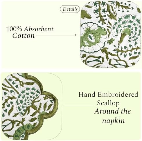 CPC Agate Green Block Print Cotton Embroidery Napkin 18x18 (Pack of 4) - Image 2