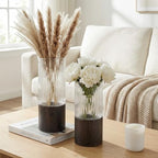 Ribbed Glass Flower Vase Set of 2 with Dark Wood Bases, 10 and 8 Inch Tall - Image 7