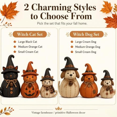 Vintage Witch Cat & Dog Decor Set, 3PCS Halloween Witch Cat & Dog Figurines, Rustic Black Cats Dogs Pumpkin Statues, Farmhouse Fall Decorations for Mantel, Bookshelf and Table (Dog) - Image 4