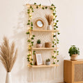 Boho Macrame Wall Plant Hanger Shelf, 3-Tier Hanging Display Shelves with LED String Lights, Wooden Floating Organizer Natural Cotton Rope for Indoor Plants Living Room Bedroom Balcony by Yiyiring