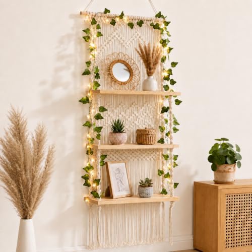 Boho Macrame Wall Plant Hanger Shelf, 3-Tier Hanging Display Shelves with LED String Lights, Wooden Floating Organizer Natural Cotton Rope for Indoor Plants Living Room Bedroom Balcony by Yiyiring