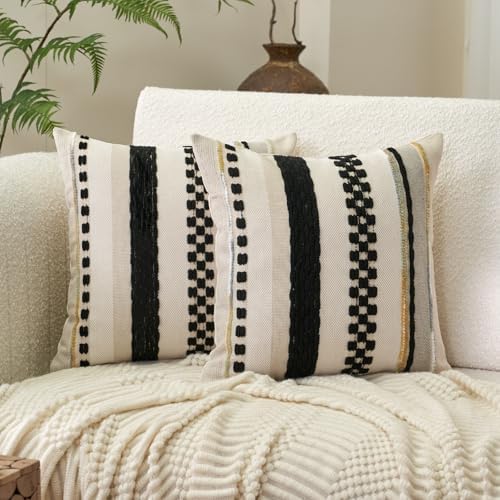 Aeckself Boho Throw Pillow Covers 18x18 Inch Set of 2, Farmhouse Decorative Striped Square Pillow Covers Chenille Tufted Pillow Cases Accent Neutral Pillowcase for Living Room Couch Bed, Black by AECKSELF