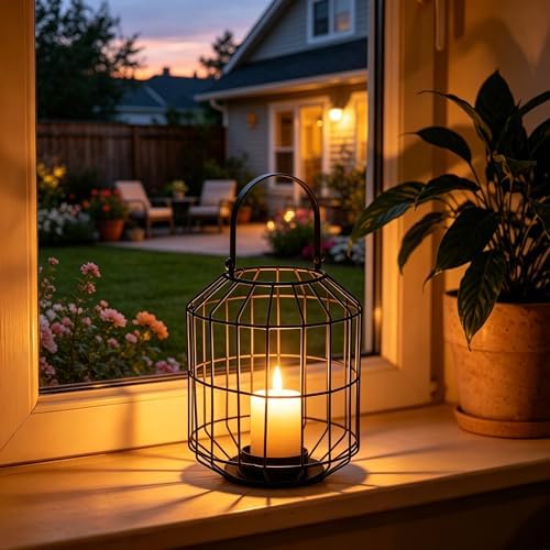 Black Metal Cage Candle Lantern, 10.6" Hanging Pillar Candle Holder, Rustic Farmhouse Lantern Decor for Indoor Outdoor, Vintage Lantern with Handle for Home Wedding Patio Christmas - Image 4