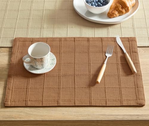 ZeeMart Linen Checked Farmhouse Placemats Set of 6, Caramel 13x19in by ZEEMARTONLINE