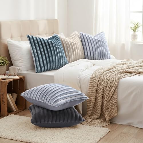 decorUhome Fall Faux Fur Throw Pillow Covers 24x24 Set of 2 Blue Grey - Image 6