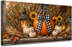 WAXWHELK Pumpkin Fall Canvas Wall Art, Lanterns Sunflowers and Gingham Bow Rustic Farmhouse Painting Pictures, Pumpkin Autumn Thanksgiving Artwork Decor for Bedroom Living Room (20"x40") by Unknown