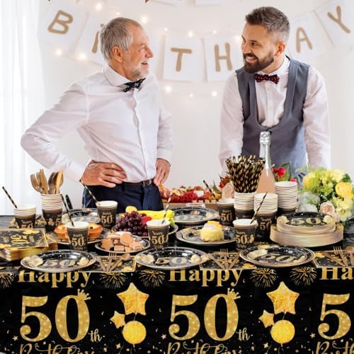 Ceenna 452 Pcs 50th Birthday Party Decoration Men for 50 Guests, Happy Black Gold 50th Birthday Paper Plates Napkins Cups Tablecloth Cutlery Straw Cheers to 50 Tableware Party Supplies for Women Men - Image 6