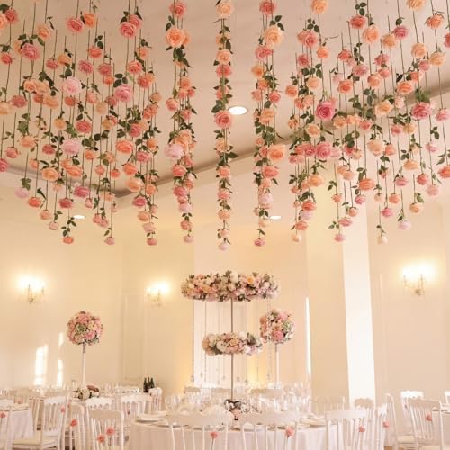 Lyrow 60 Pack Pink Roses Artificial Flowers Bulk Hanging Floating Garland Fake Pink Rose Vine for Ceiling Decoration Wedding Anniversary Bridal Bouquet DIY Floral Arrangement Proposal Romantic Decor - Image 2