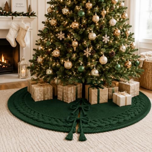 Hollowfly 48 Inch Green Christmas Tree Skirt for 7.5ft Tree Cable Knitted by Hollowfly