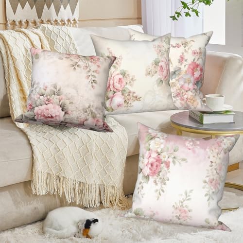 4 Pcs/Set Floral Pillow Covers Spring Poppy Rose Flowers Vintage Plants Watercolor Rustic Valentine Throw Pillow Covers for Outdoor Home Couch Sofa Bedroom Farmhouse Decor, 24"x24" - Image 4