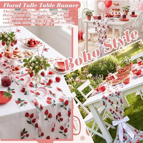 Mindsoft 3 Pcs Strawberry Table Runner, 10ft Tablecloth Strawberry Party Decorations Gauze Embroidery Tulle Lace Runner, for Table Wedding Birthday Bridal Baby Shower Holiday Dining Decor DIY - Image 4
