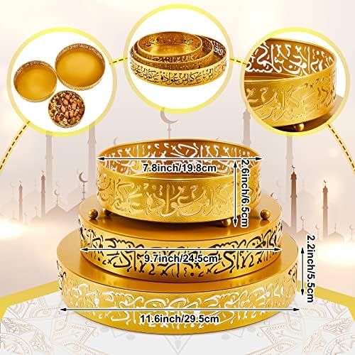 Ramadan Serving Trays - 3 Pieces Iron Gold Round Platter, 3 Sizes Eid Candy Dish, Muslim Pastry Snacks Dessert Holder for Ramadan Mubarak Party Supplies Home Decor - Image 2