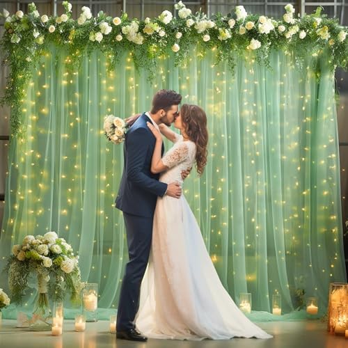 30x8ft Olive Green Tulle Backdrop Curtain with Lights String for Parites, Sheer Backdrop Curtains for Wedding Baby Shower Birthday Party Photo Shoot Decorations - Image 6