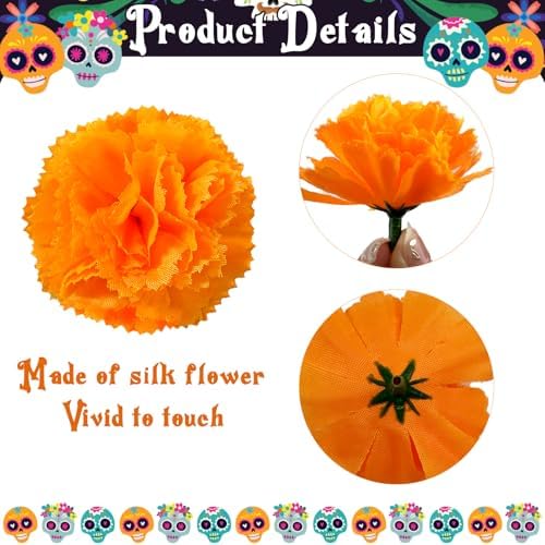 Rainmae 150pcs Marigold Flower Heads Bulk, Yellow Red Orange Silk Marigold Flowers Artificial for Diwali Home Decoration DIY Wreath Garland, Day of The Dead Halloween Artificial Flowers, 2 Inch - Image 3
