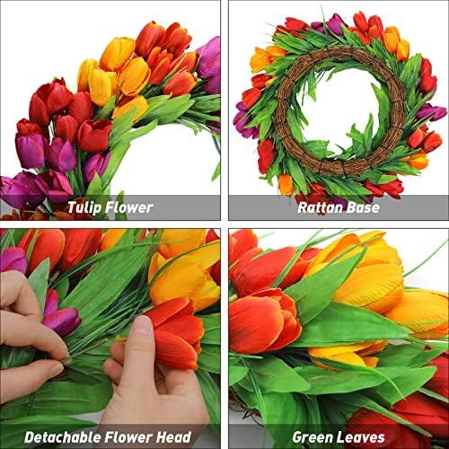 U'Artlines 20 Inch Tulip Wreath for Front Door, Spring Summer Silk Wreath - Image 4