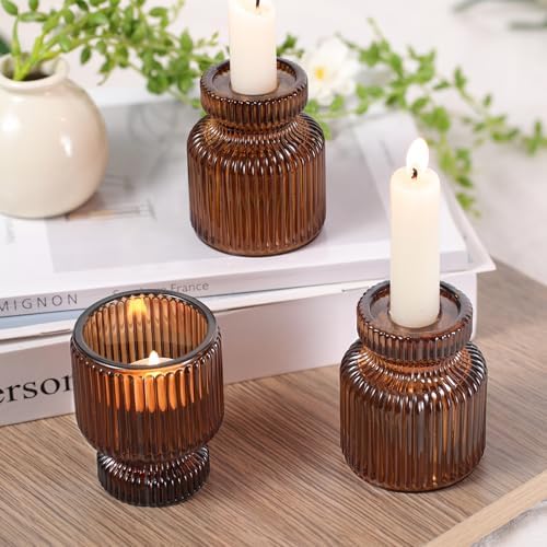 DARJEN 12 Pcs Glass Candlestick Holders- Amber Taper Candlestick Holders Tealight Votive Candle Holders for Table Centerpieces, Wedding, Dinner Party, Home Decor - Image 6