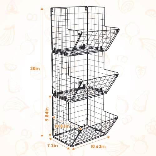 X-cosrack Metal Wire Basket Wall Mount, 3 Tier Wall Storage Organizer with 5 S Hooks, Kitchen Fruits and Vegetables Bin Toys Organizer Hanging Basket Black (S (10.83" L x 10.63" W x 30" H)) - Image 5