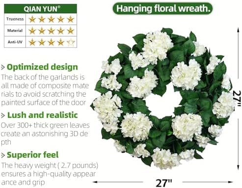 27" Hydrangea Wreath for Front Door – All-Season Wedding Décor with Lamb’s Ear Leaves & Hydrangea Blooms – Spring/Summer Farmhouse Style, Perfect Year-Round Decoration (White Hydrangea, Extra Large) - Image 5