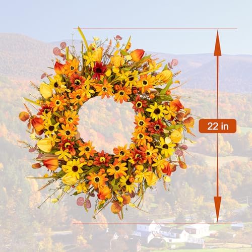JINGHONG Fall Wreaths for Front Door 22 Inch Artificial Fall Wreath Floral Autumn Wreath with Colorful Daisies Orange Foliage for Indoor Outside Door Harvest Festival Thanksgiving Day Celebration - Image 7