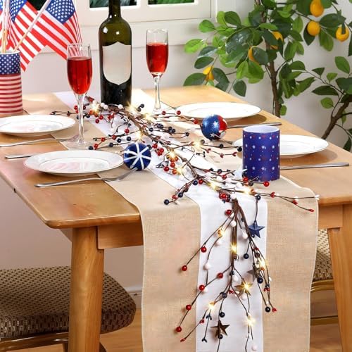 Wavwavw 59 Inches 4th of July Patriotic Garland Lighted Red White Blue Memorial Day Garland Artificial Star and Berry Lights Battery Operated 250th Anniversary Decor for Home Mantle Fireplace Table - Image 2