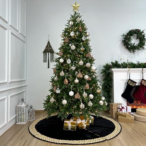 72-Inch Venetian Gilded Velvet Christmas Tree Skirt with Gold Embellished Border, Foam-Padded, Button Closure, Black - Image 3