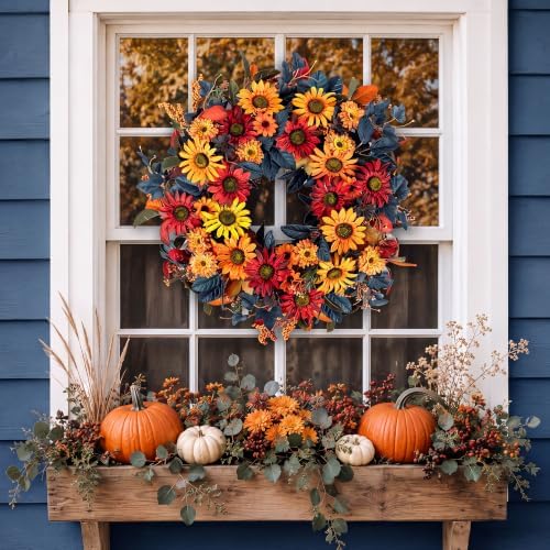 BLOSMON 24in Fall Wreaths for Front Door, Sunflower Fall Wreath with Hanger - Image 6