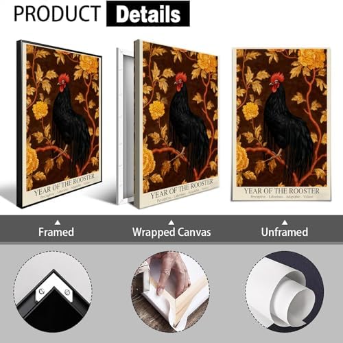 Elegant Chinese Lunar Year of the Rooster Art Print – Golden Chrysanthemum Zodiac Wall Decor for Home Bathroom Living Room Kitchen – Aesthetic Family Wall Decor Prints 16X24 in Black Framed - Image 2