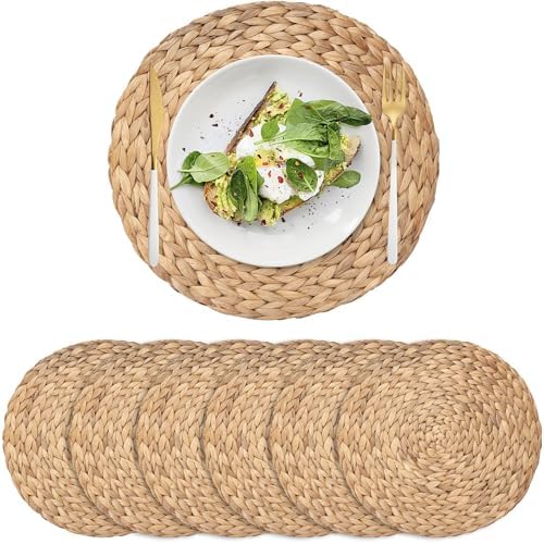 6 Pack Woven Placemats, Round Wicker Placemats, Rattan Place mats, Natural Hand-Woven Water Hyacinth Table Mats, Braided Straw Table Mats for Dining Table (15 inch) by XIMISISE