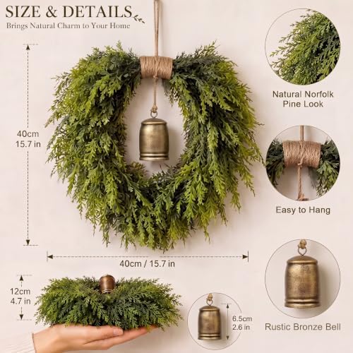 Suncalla Christmas Norfolk Pine Wreath for Front Door with Rustic Bell - Image 2