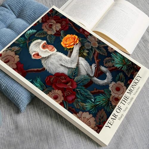 Chinese Lunar Year of the Monkey Art Print – Vibrant Orange Rose & Floral Pattern Zodiac Wall Decor Dark Blue Oriental Aesthetic Home Decoration Poster for Bathroom Bedroom 24X36 in Black Framed - Image 3