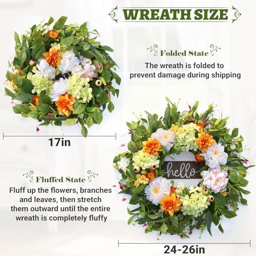24" Summer Wreaths for Front Door with Hello Sign,Hydrangea Wreath with Dahlias Peonies Berries Eucalyptus.Greenery Wreath for Front Door,Porch,Farmhouse,Wall,Window Inoor Outdoor Decor - Image 5